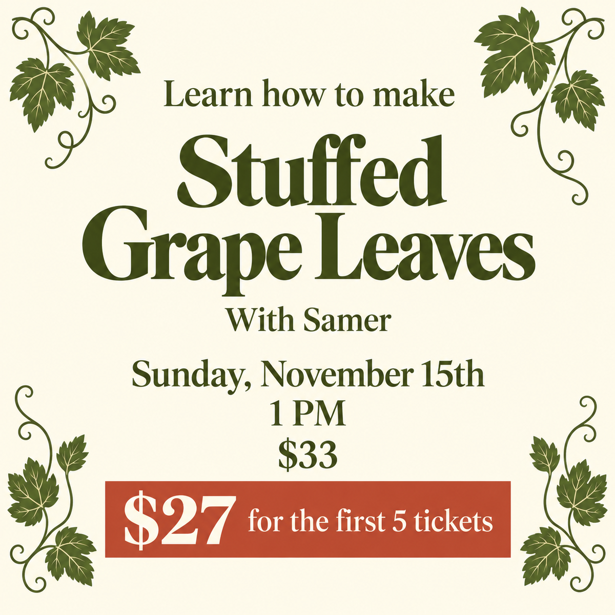 Sunday, November 8th at 1pm: Cooking Class with Samer