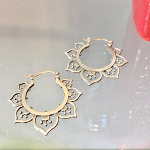 Ornate Flower Hoop Earrings, Silver